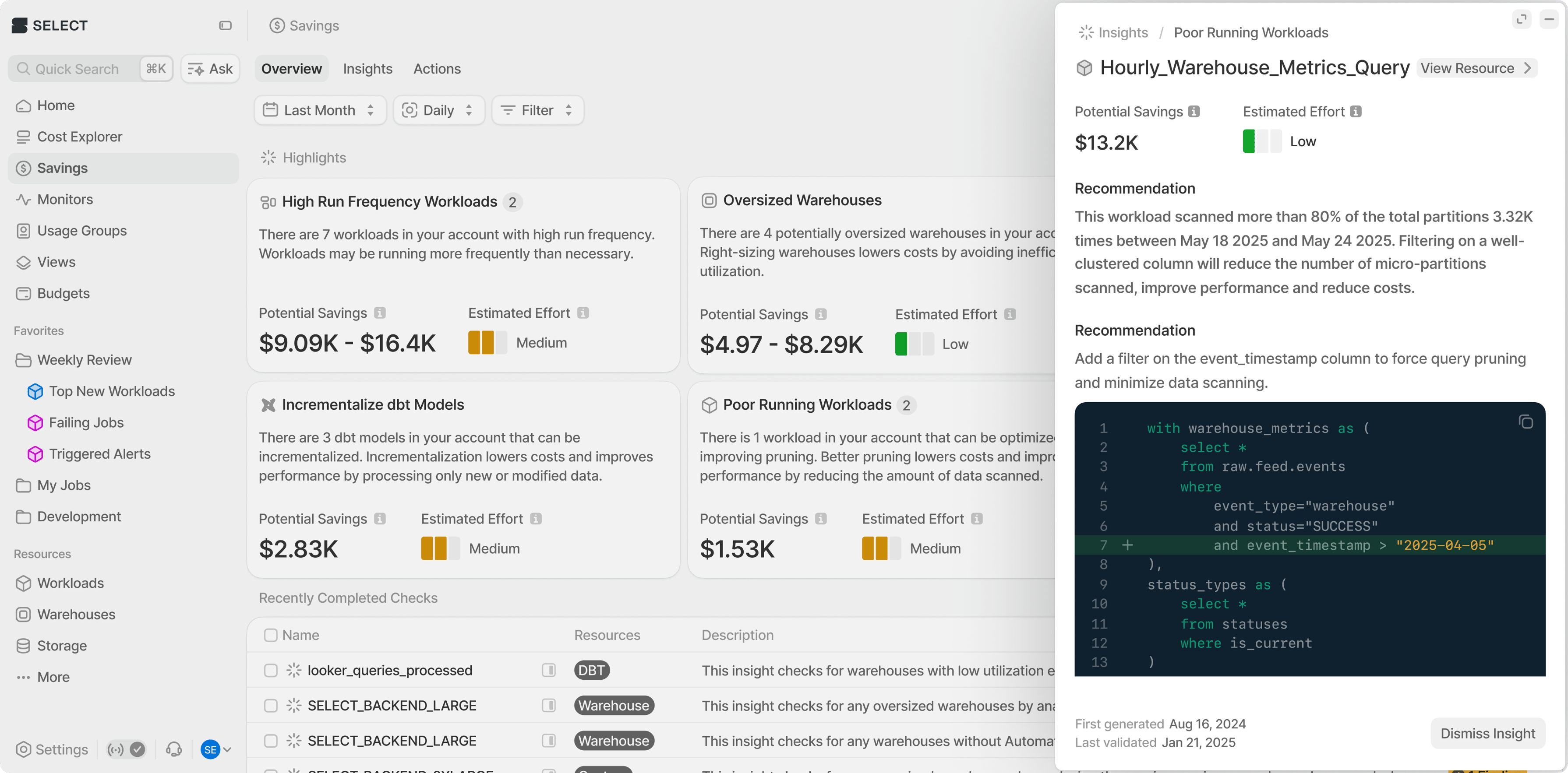 Snowflake cost optimization insights dashboard