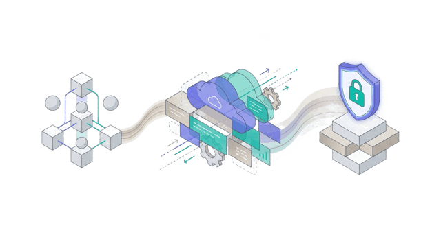 Abstrakte Visualisierung wachsender Cloud-Komplexität über mehrere Technologiewellen hinweg