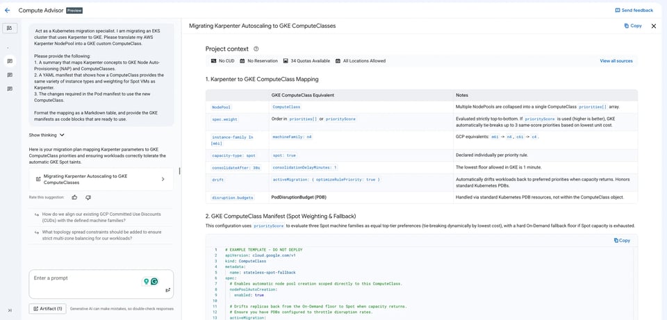 Compute Advisor response showing a resilient GKE ComputeClass with multi-zone fallback