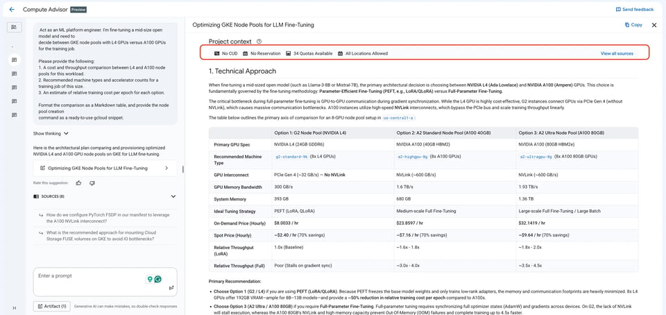 Compute Advisor response comparing L4 and A100 GPU node pools for model fine-tuning
