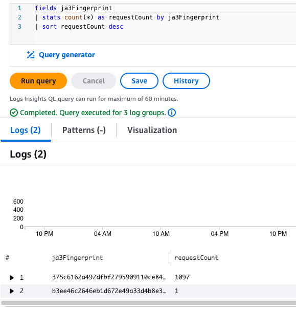 Screenshot aus Logs Insights mit einer Query und einer Liste von Fingerprints und deren Häufigkeit in den Logs
