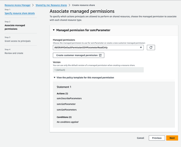 Screenshot aus dem Resource Access Manager beim Teilen des Parameters – Abschnitt \