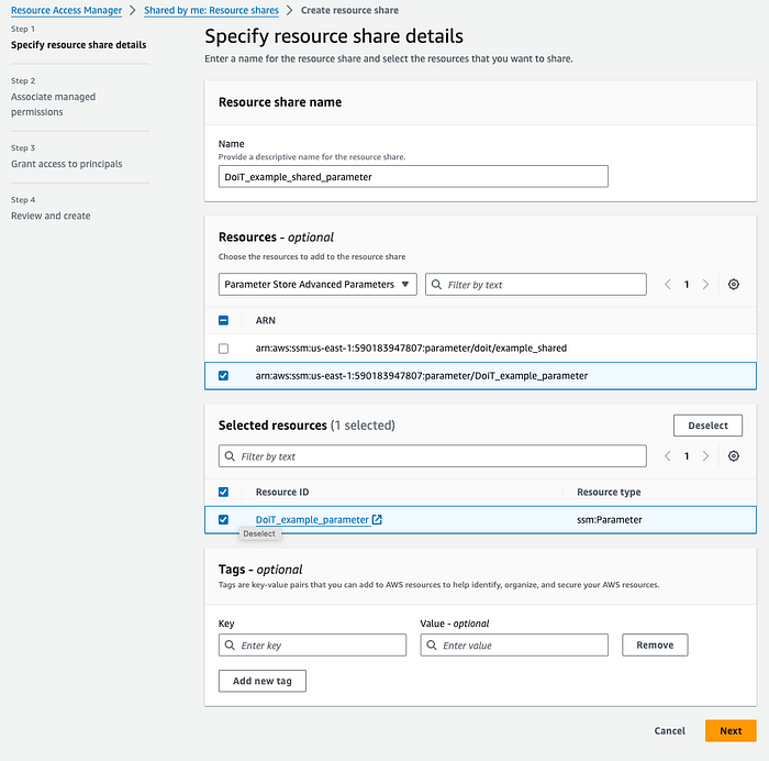 Screenshot aus dem Resource Access Manager beim Teilen des Parameters – Abschnitt \