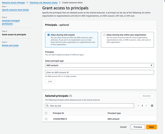 Screenshot aus dem Resource Access Manager beim Teilen des Parameters – Abschnitt \