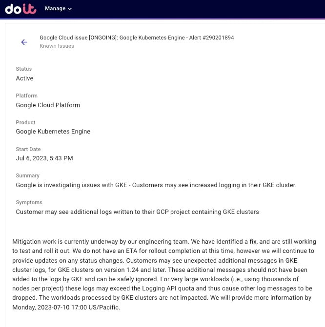 Cloud Incident displayed in DoiT Cloud Intelligence