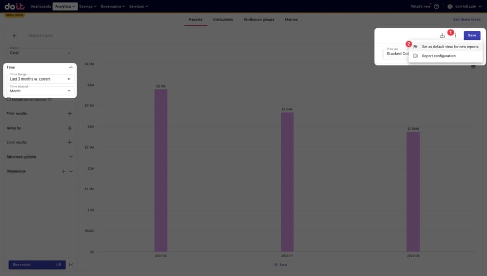Setting up a default report configuration in DoiT Cloud Intelligence.