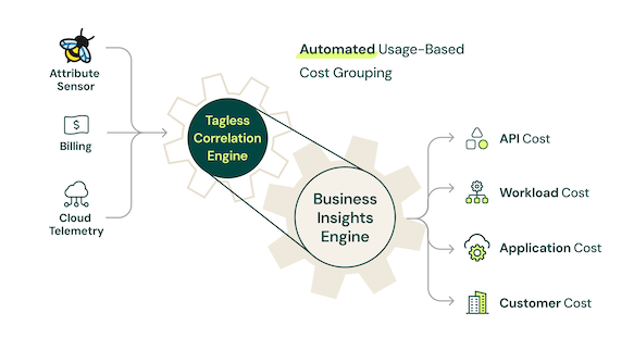 Diagram showing automated usage-based cost grouping, with inputs like billing and cloud telemetry processed by a tagless correlation engine, leading to categorized costs via a business insights engine.