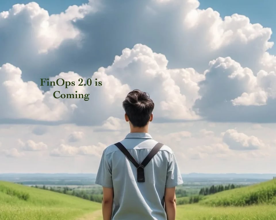 A person stands in a grassy field facing large clouds, with the text FinOps 3.0 is Coming visible in the sky.