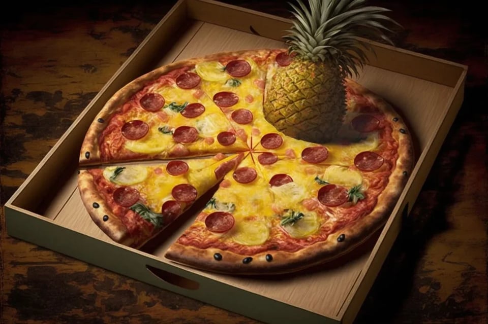 A pizza in a box topped with pepperoni, cheese, pineapple slices, and a whole pineapple placed in the center. One slice is slightly pulled out.