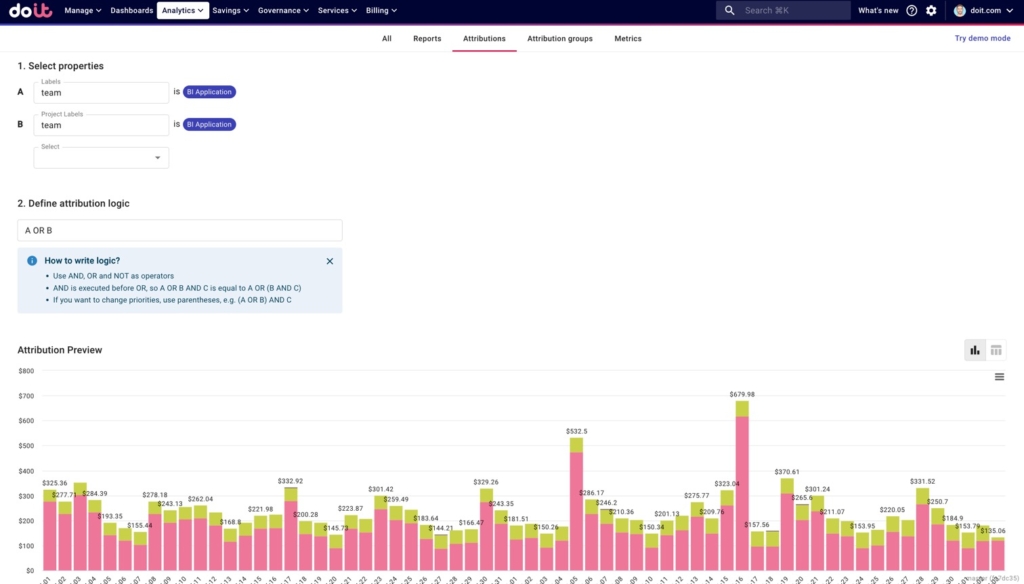 Example of an attribution defining costs for a BI application