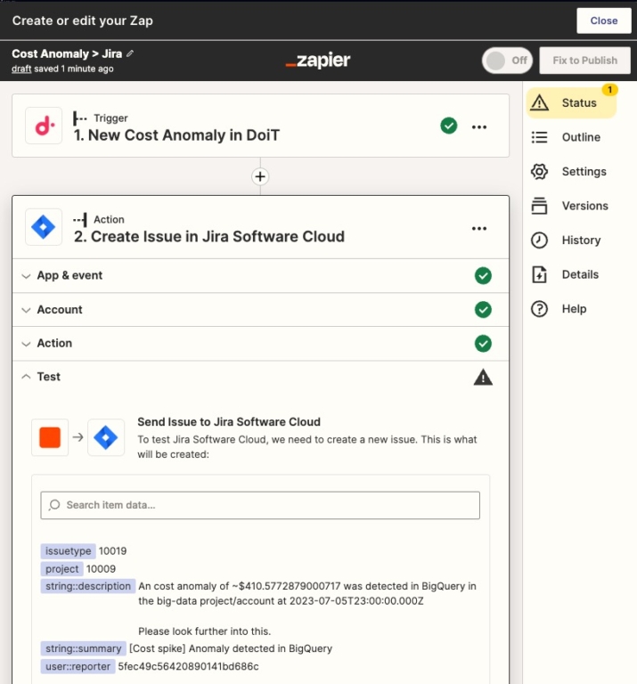 Creating a Jira Task from a Cost Anomaly with Zapier