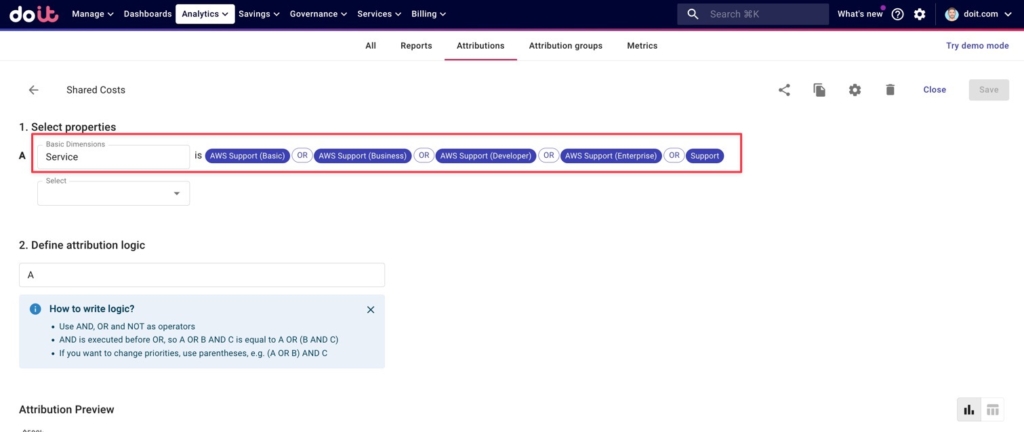 Attribution defining shared cloud costs