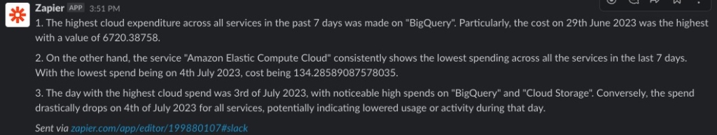 AI-generated highlights of a cloud cost report