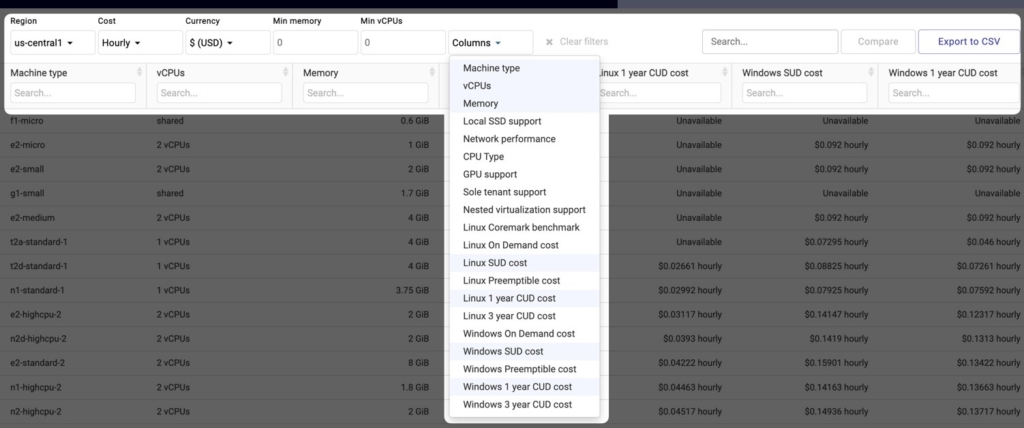 List of Parameters you can compare Google Cloud instances by