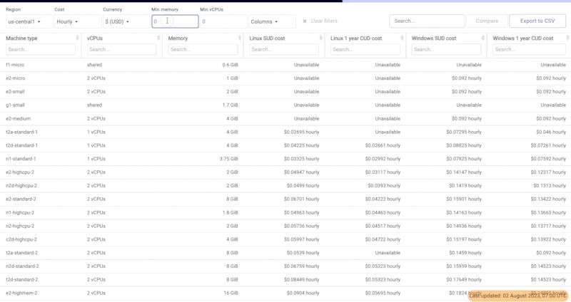 Filtering instances with the Google Cloud Instance Comparison tool