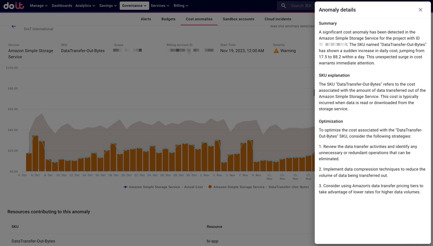 Example anomaly detected for DataTransferOut SKU for S3