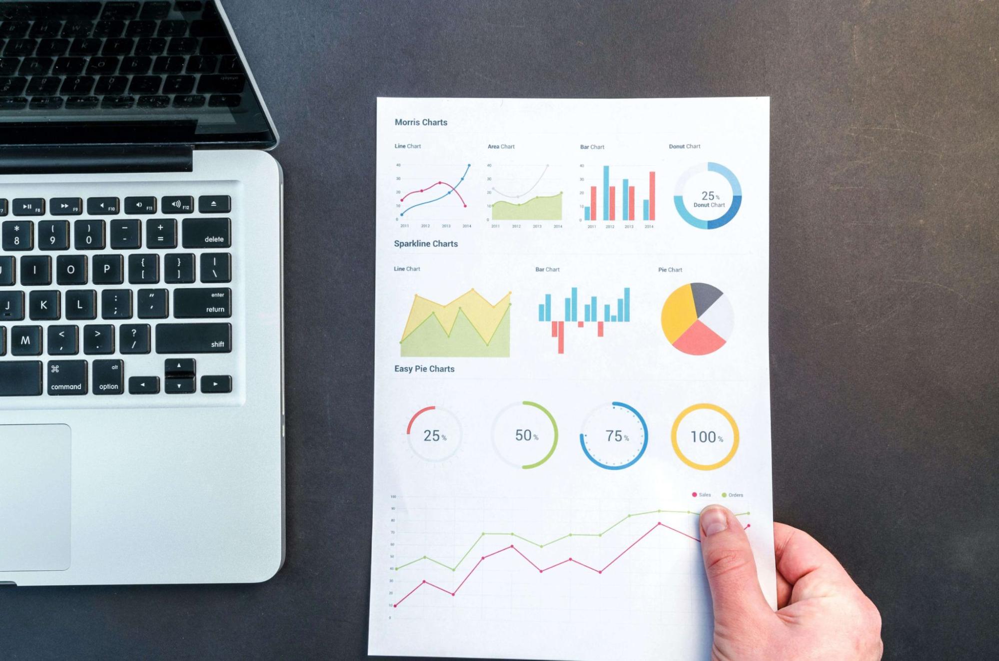 Person holding a document showing several charts and graphs