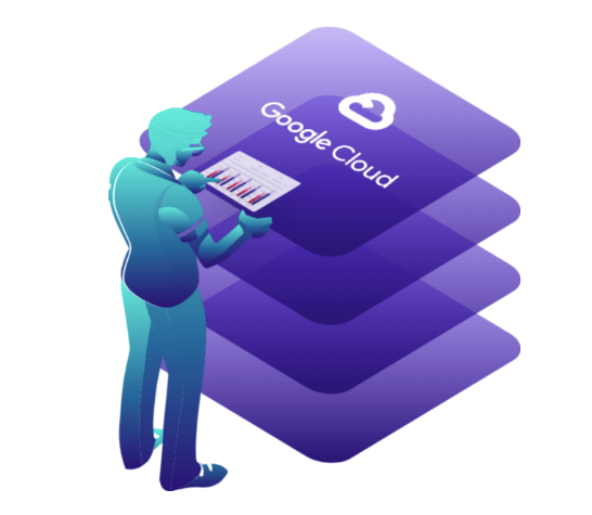 Graphic of person next to Google Cloud stack 